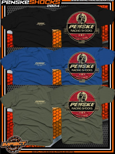 Black T-Shirt with Distressed Vintage Penske Shocks Logo on Back