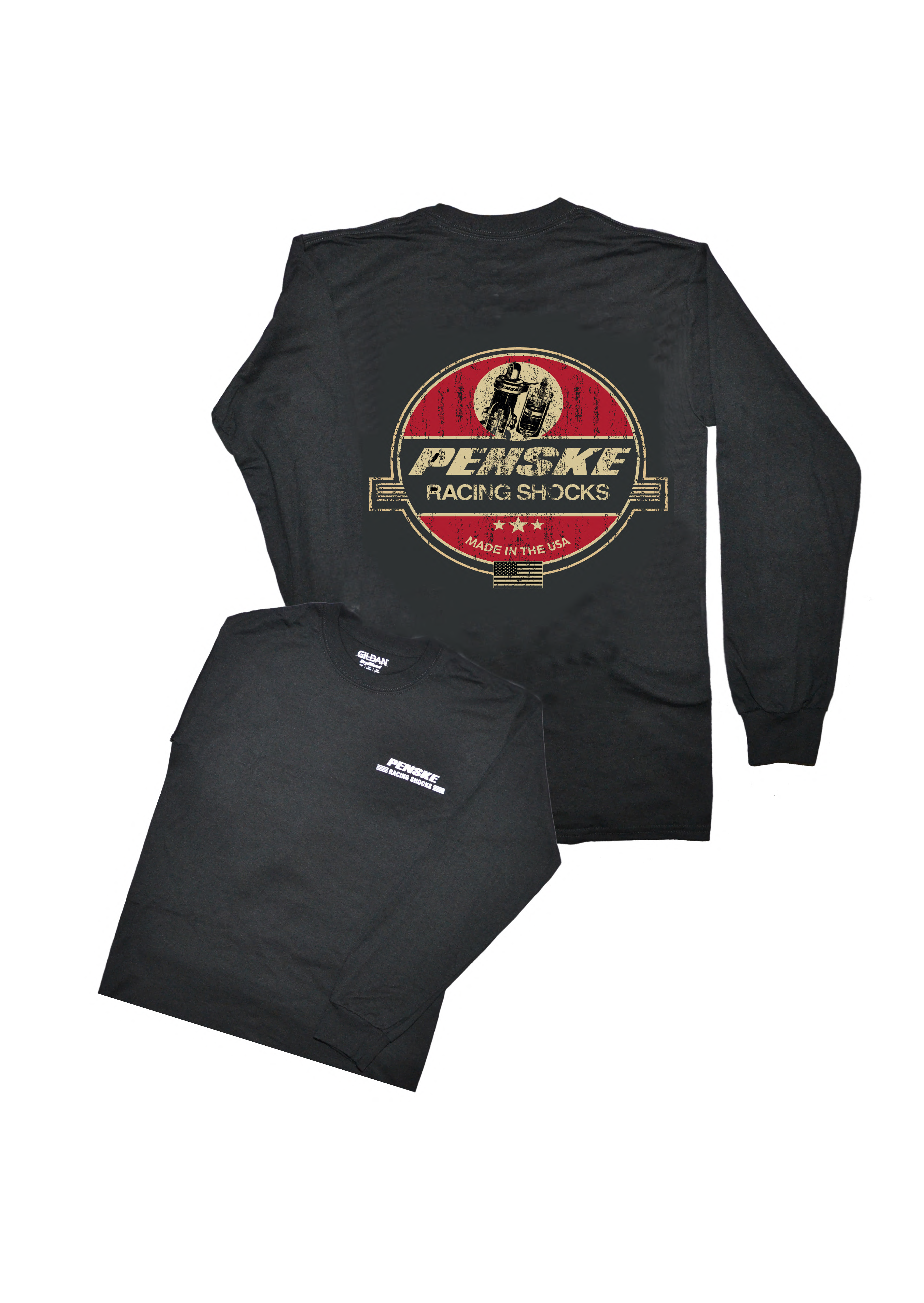 Black Long Sleeve T-Shirt with Distressed Vintage Penske Shocks Logo on Back