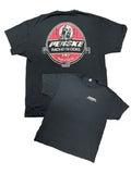 Black T-Shirt with Distressed Vintage Penske Shocks Logo on Back